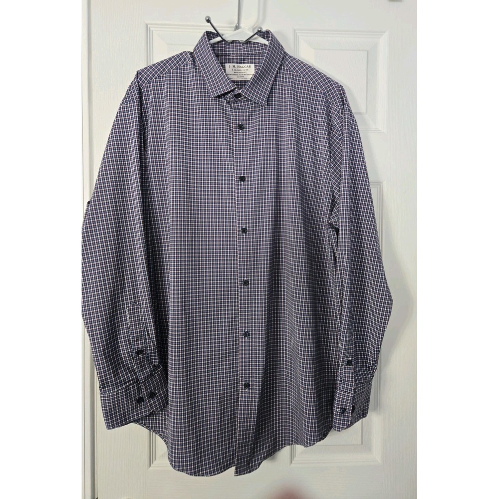 J.M. Haggar Mens Long Sleeve Plaid Shirt Size L 16 16 1/2 34/35 Blue, Burgundy